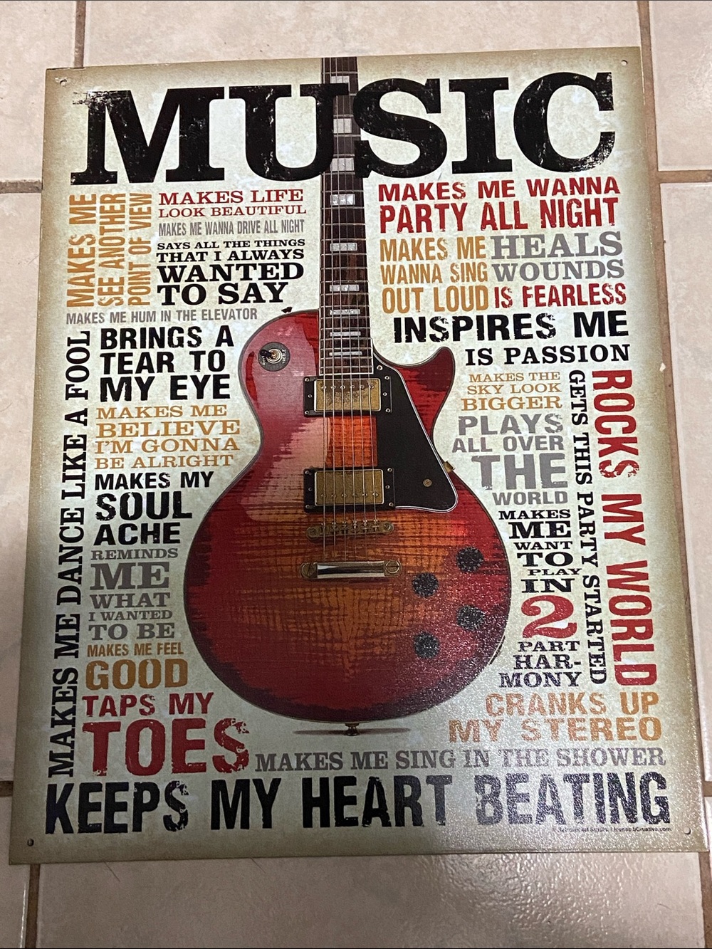 Retro Red Sunburst Electric Guitar Tin Metal Wall Art Sign - 'MUSIC' Typography